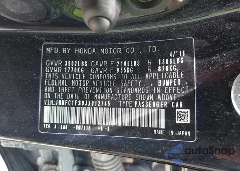 2018 Honda Civic Ex-T from USA, damaged, VIN JHMFC1F39JX012745